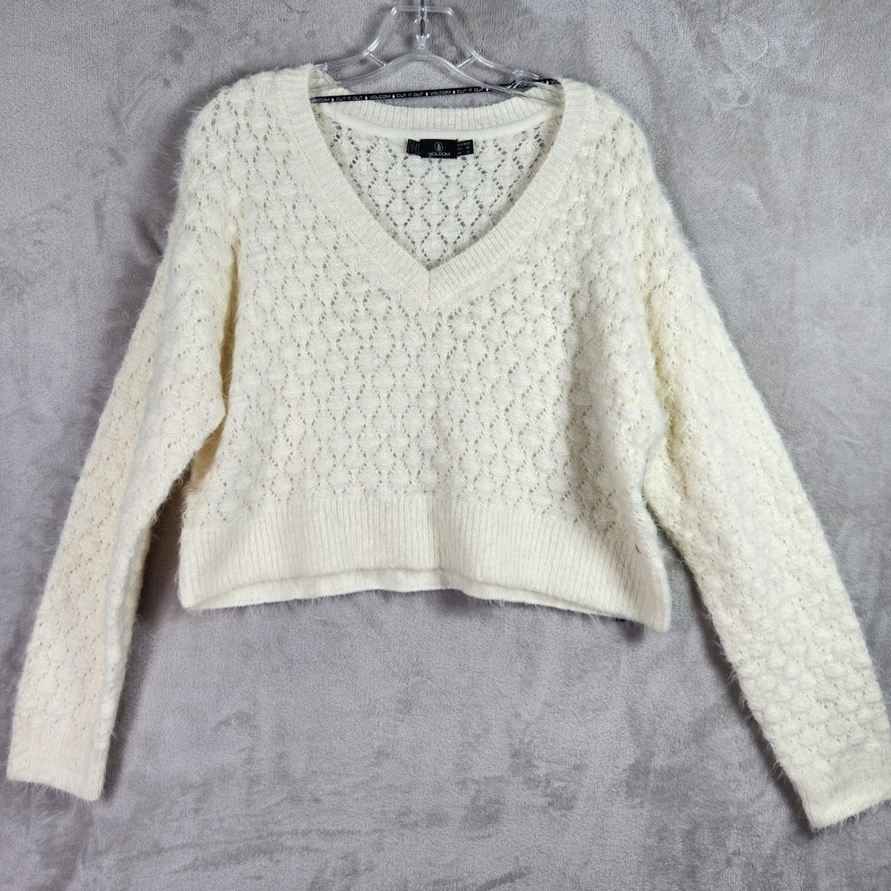 Volcom Mesa Cove Sweater Womens Medium‎ White Pointelle Knit Cropped Boho Preppy